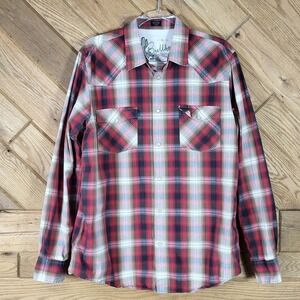Bullhead Western Cowboy Shirt Men XL Pearl Snap Plaid Long Sleeve Red Brown READ